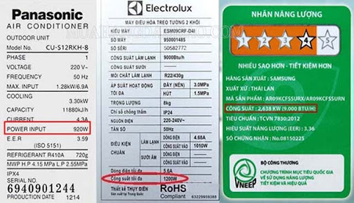 Công suất tiêu thụ của các thiết bị điện được in trên tem mác sản phẩm