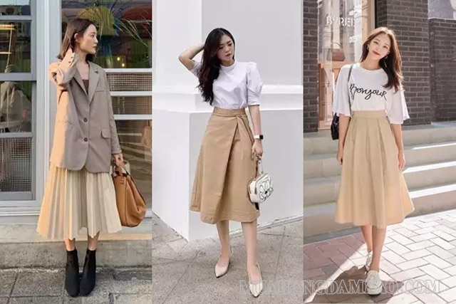 Kết hợp áo blazer với váy màu be là lựa chọn không tồi