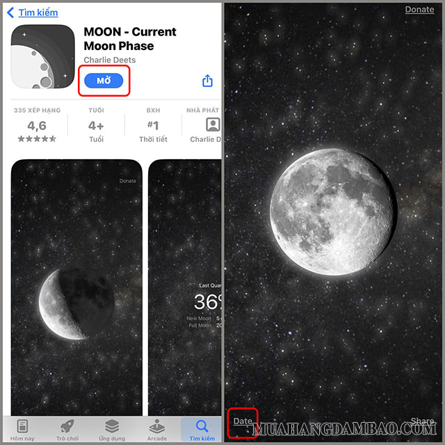 Ứng dụng Moon - Current Moon Phase trên điện thoại