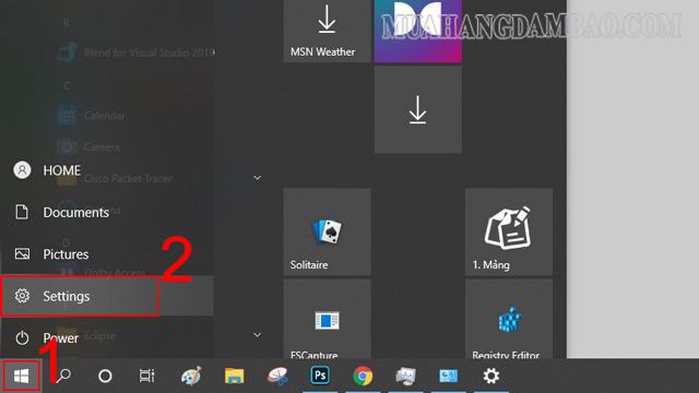 Lựa chọn mục Settings ở biểu tượng Windows