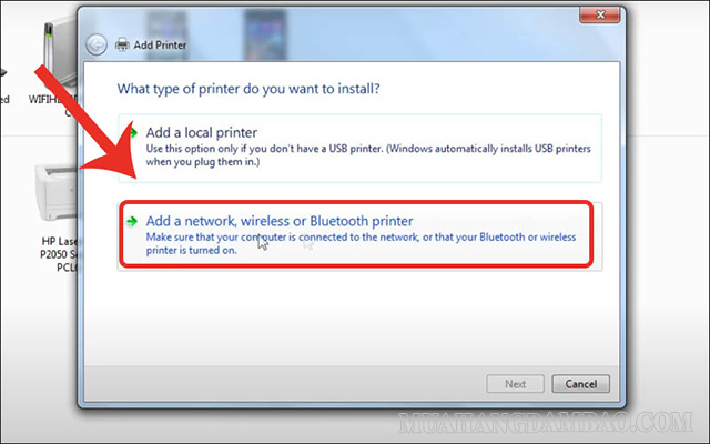 Click chọn Add a network, wireless or Bluetooth printer