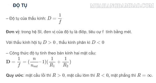 Công thức cơ bản để tính được độ tụ thấu kính