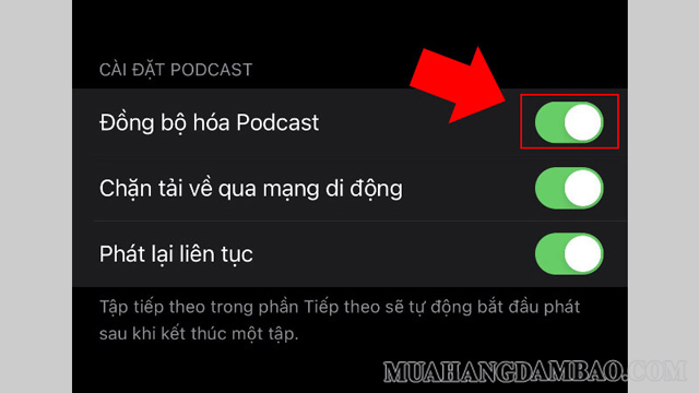 Bật tính năng đồng bộ hóa Podcast