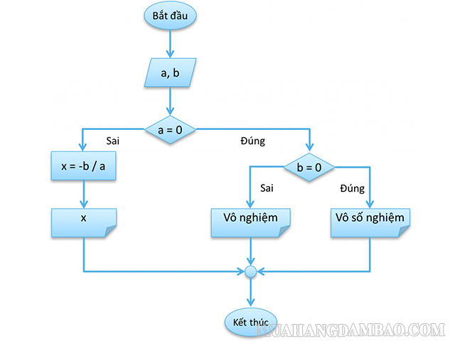 Ví dụ lưu đồ các bước của thuật toán giải phương trình