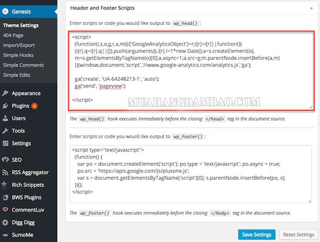 Chèn mã code Google Analytics