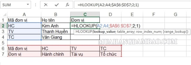 Ví dụ về cách dùng hàm HLOOKUP