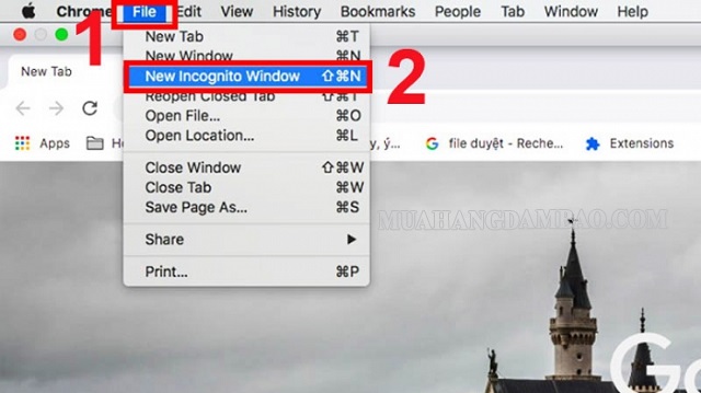Nhấn vào File và chọn “New Incognito Windows” ở trang duyệt web ẩn danh