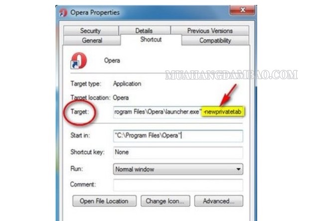 Thêm dòng chữ “-newprivatetab” ở phần Target