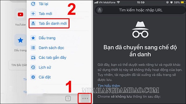 Chrome → Nhấn biểu tượng “Thêm” → Chọn “Tab ẩn danh mới”.